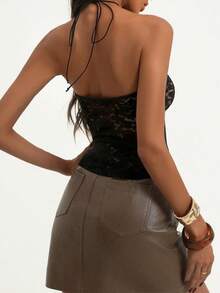 INAWLY Top sin espalda de encaje transparente con cuello halter de moda para mujer - Negro - Ver 2