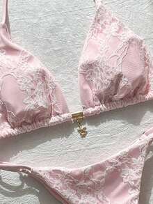 Swim Mod Women's Pink Lace Pattern Thongs Bikini Set With Halter Neckline And Tie Back Details - Pink - View 4