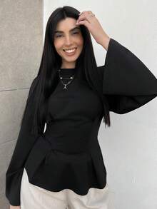 Hitanina Siren Gaze Women's Solid Color Round Neck Long Sleeve Cinched Waist Pleated Hem Casual T-Shirt Black,Black Top - Black - View 3
