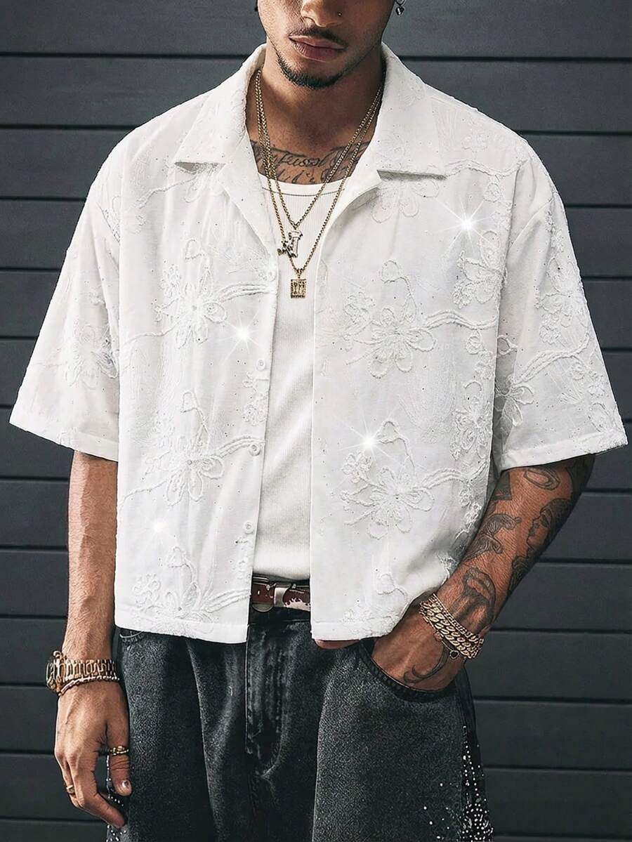 AXEPEAK 男士简约时尚纯色3D立体花卉图案衬衫，适合日常穿着 - 白色 - 查看 1