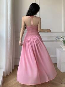 Celisse Abito elegante da donna con collo alla halter, senza schienale, in rete ricamata, vita aderente - Rosa - Visualizzare 2