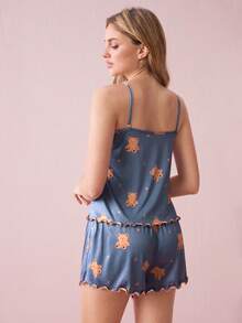 Bonmuse Conjunto de pijama de camisola y shorts con estampado de oso, estrellas y luna, bloques de color y volantes, lindo para el verano - Multicolor - Ver 2