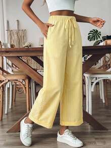 Breezaya 女士系带腰条纹阔腿宽松裤 - Butter Yellow - 查看 6