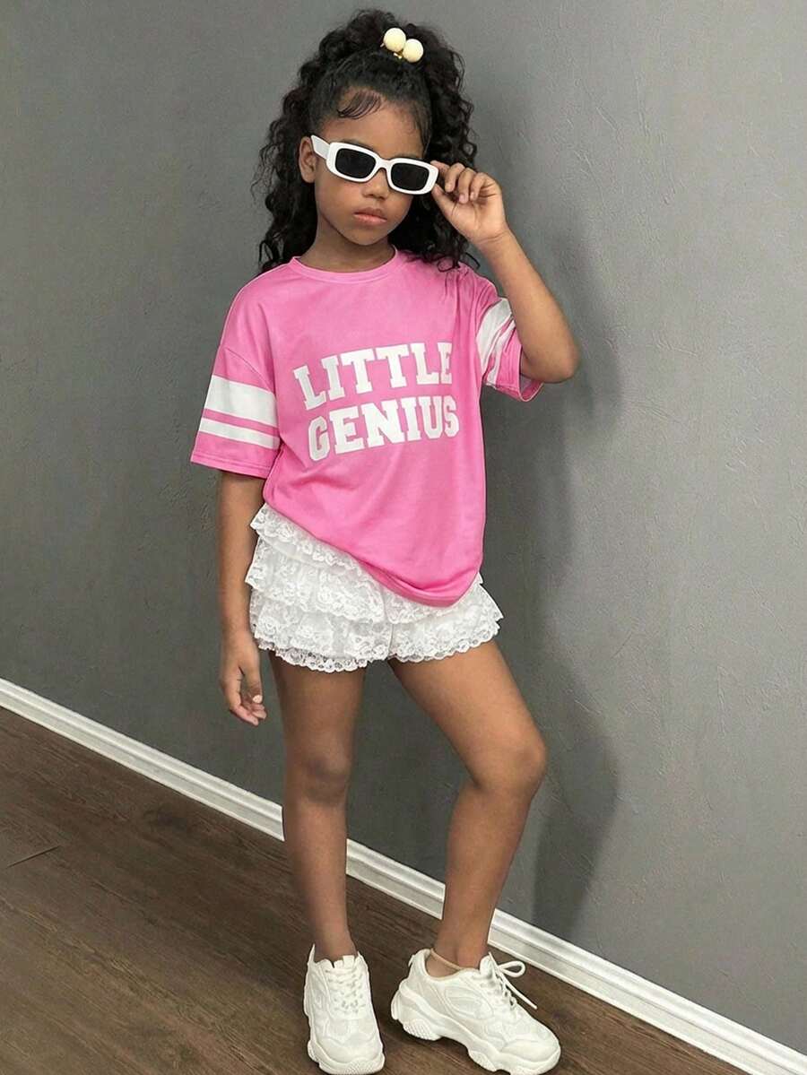 少女粉色极简字母印花蛋糕裙短裤两件套，休闲时尚百搭街头风 - 粉色 - 查看 1