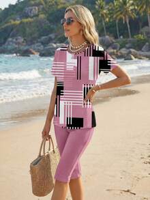 EMERY ROSE 2pcs Women's Simple Color Block Pattern Casual Set, Suitable For Summer Suitable For Going Out,Casual - Multicolor - View 3