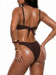 Swim Basics Women's Chocolate Brown Bikini Set,2-Piece Elegant Summer Swimwear, Metal Decor Buckle,High-Cut Leg,Adjustable Straps,Holiday Beach Party Outfit - Brown - View 2