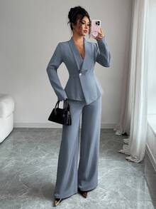 Elenzga 女士套装，西装面料，翻领，长袖，收腰A字不对称下摆，金属纽扣装饰，精致优雅，适合办公室、通勤、街头风、法式浪漫、休闲、中东复古、下午茶、派对、感恩节、返校季以及春秋冬季穿着。 - 霧霾藍 - 查看 7