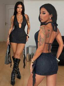 Coolane 女士夏季Y2K西部风度假装露背吊带黑色迷你连衣裙 - 黑色 - 查看 2