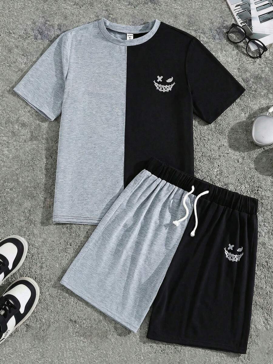 SHEIN 两件套青少年男童休闲印花T恤短裤套装，轻薄圆领短袖T恤和短裤，舒适百搭，适合日常穿着、上学、郊游、户外活动、音乐节、假期、海滩度假、夏季等场合。