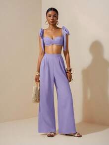 Zivah Beach New Spring And Summer Casual Holiday Bowknot Shoulder Straps Chest-Wrapped Heart Collar Cropped Top + Wide-Leg Super Trousers Apricot Women's Two Pieces Se,Textured Fabric Material - Mauve Purple - View 6