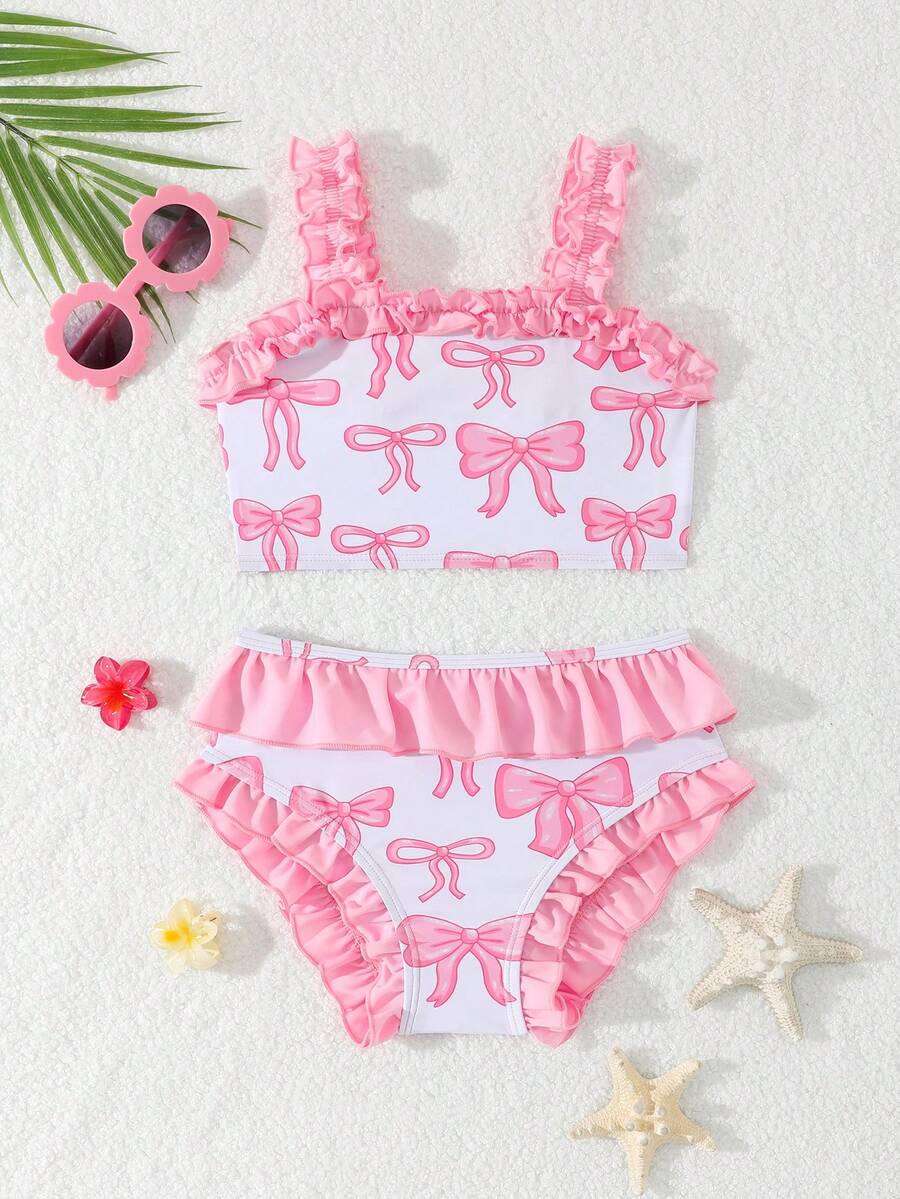 Young Girls Bikini Sets: A Set Of Cute Multi-Color Pink Bow-Patterned Knitted Fabric Tops With Lace Shoulder Straps And Bottom Hem Lace For The Pants. It Consists Of Two Pieces, A Separate Top And A Triangle-Shaped Bottom. It Is Fashionable, Casual, Exquisite And Elegant, Suitable For Swimming, Summer Vacations, Beach, Seaside, Swimming Pools, Swimming Pools, Summer Holidays, Party And Leisure Vacations. - Pink - View 1