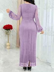 Feyla Damen V-Ausschnitt Twist Design Laternärmel elegantes Kleid - Grauviolett - Übersicht 2