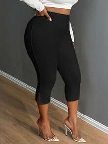 SHEIN SXY Solid Split Cropped Leggings, Casual Elastic Waist Every Day Stretchy Leggings, Women's Plus Clothing - Black - View 4