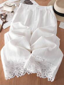 Franclia Casual Vacation Trousers Lace Splicing Trousers Elastic Waistband Diagonal Pockets Spring And Summer Trousers Women's Elegant Trousers Women's Commuting Versatile Trousers White Trousers Women's Holiday Trousers Women's Commuting Wear Trousers Women's Casual Trousers Women's Country Style Trousers Women's Wide-Leg White Trousers Women's Holiday Wear Trousers Women's Social Wear Trousers - White - View 1