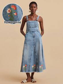 Travachic Vestido vaquero casual de mujer con bordado floral y diseño de bolsillo - Lavado ligero - Ver 1