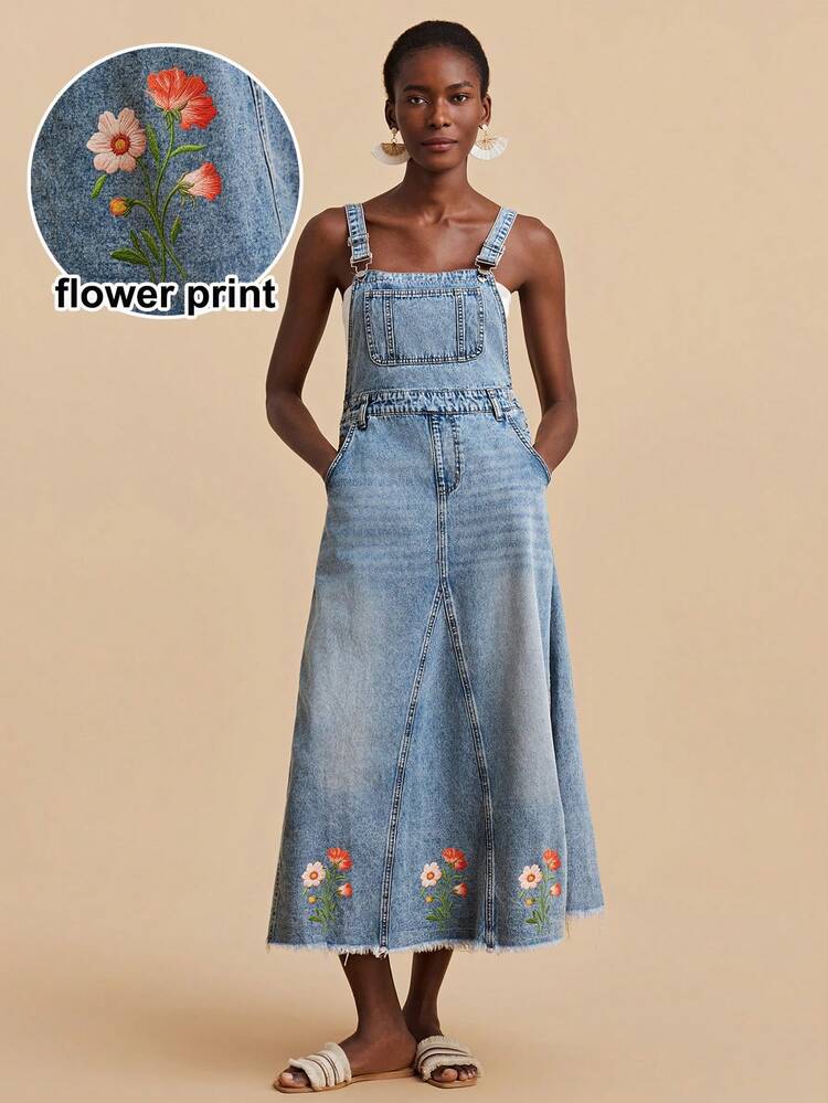 embroidered denim overall dress Native Embroidered Denim Pinafore Dress
