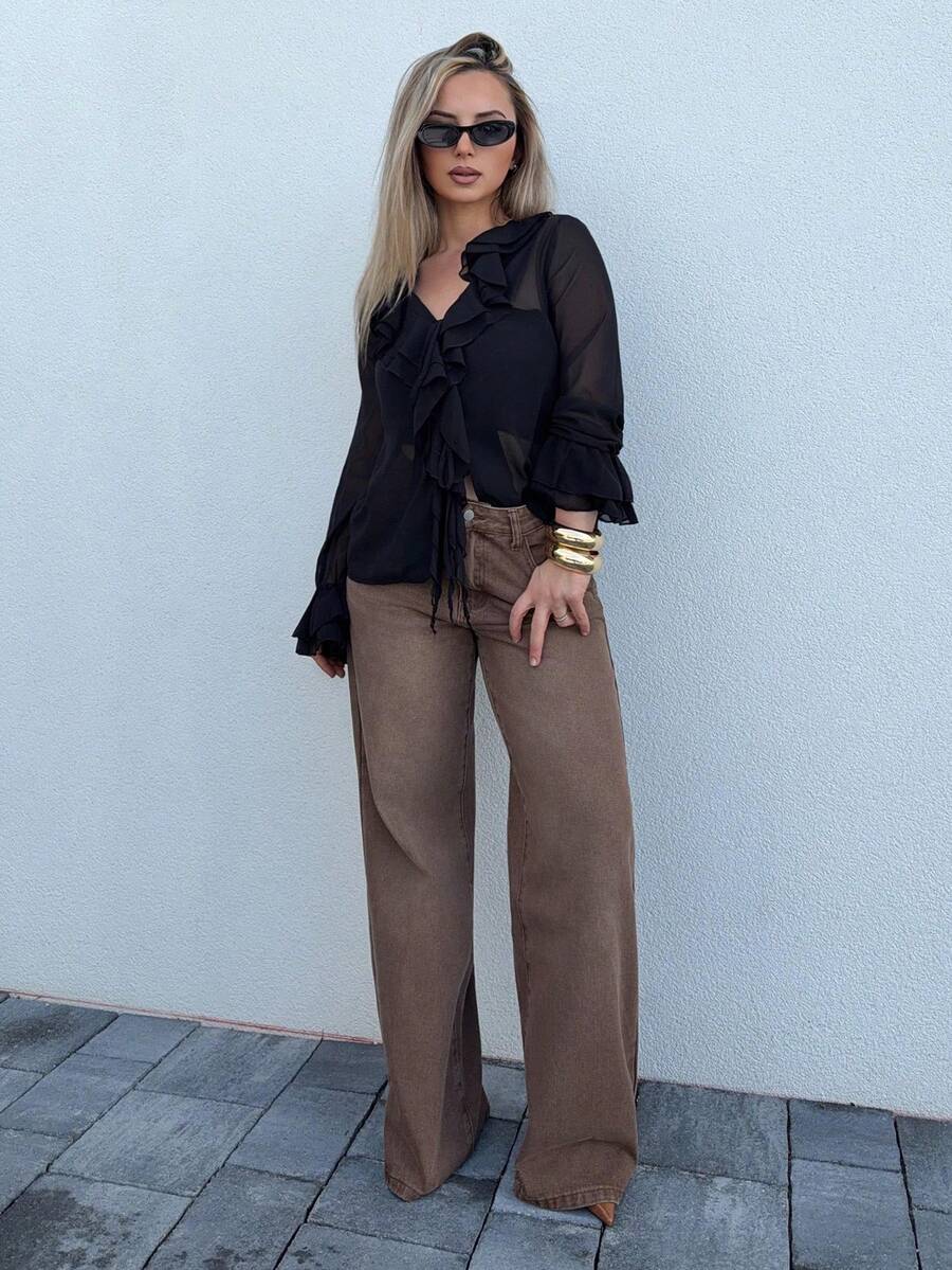 Jeta Ari Elegant French Chiffon Lantern Sleeve V-Neck Tie Front Loose Casual Blouse For Women, Autumn - Black - View 1