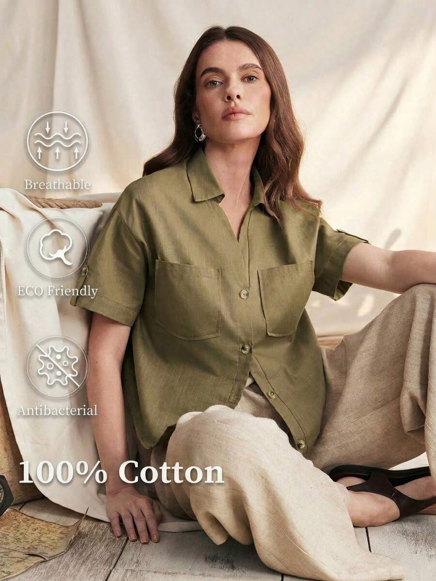 Zovinel 女士休闲纯色短袖衬衫，夏季百搭 - 橄欖綠 - 查看 1