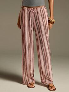 Athîral Women's Casual Vacation Pink Crochet-Look Wide Leg Pants, Spring/Summer - Pink - View 1