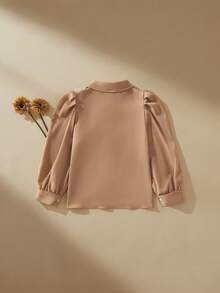 SHEIN 少女花卉装饰花瓣袖衬衫 - 卡其色 - 查看 3