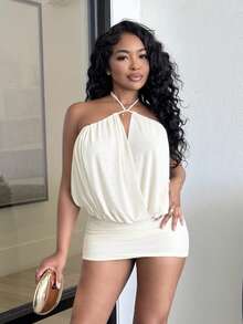 Alexandranx Vestido de fiesta romántico y sexy de malla rosa con escote trasero y cuello halter mini para el Día de San Valentín - Albaricoque - Ver 3