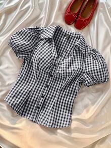 CovetEZ 女士夏季休闲度假黑白格子短袖单排扣翻领腰部休闲衬衫 - 黑色 - 查看 8