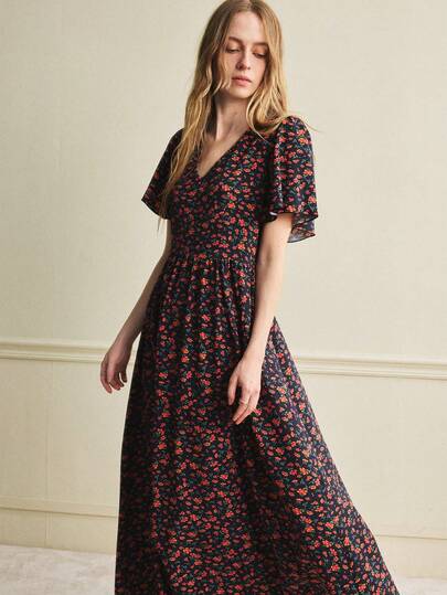 Écloséra Đầm ngắn tay họa tiết hoa nhí dáng lửng mới dành cho nữ, thích hợp cho mùa xuân/hè.