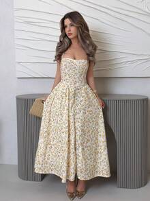 Jemour 春夏黄色度假休闲碎花细肩带飘逸背心裙 - 彩色 - 查看 5