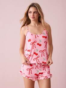 Snug Zone 可爱樱桃蝴蝶结 INS 甜美女孩夏季女士睡衣套装 - 彩色 - 查看 6