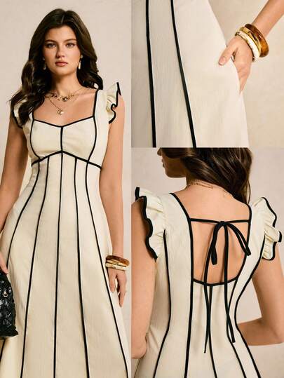 Poéselle Women's Colorblock Striped Minimalist Sleeveless Dress,Elegant Square Neck Dress With Backless Tie Design And Pocket,Summer Music Festival Outfits,