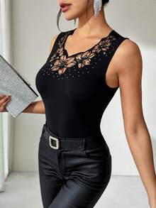 SHEIN Clasi 女士黑色罗纹长袖镶钻修身优雅休闲上衣 - 黑色 - 查看 2