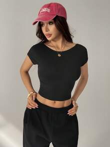 SHEIN PETITE Camiseta corta de mujer de unicolor, cuello de pico, manga corta y ajustada - Negro - Ver 5