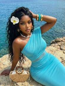 Slaydiva New Early Spring, Spring And Summer Music Festival, Valentine's Day, Easter, Bohemian Style, Nomadic Style, Casual, Simple And Basic, Cruise Party, Birthday Party, Daily Date, Casual Vacation, Elegant Commuting, Off-The-Shoulder, Single-Shoulder, Off-The-Shoulder, Slimming Long Dress, Sky Blue Dress, Gauze Dress, Women's Extra-Long Dress -A - Mint Blue - View 5