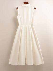 Franclia Women's Spring/Summer White Sleeveless Collared Pearl Button Waist A-Line Midi Dress, Suitable For Daily Wear And Commuting White Sleeveless Dress Collared Dress White Collared Dress Classy Belted Cream Dress White Button Up Dress White Vintage Dress White Classy Dress Cute White Dress Dress Clothes - Apricot - View 2