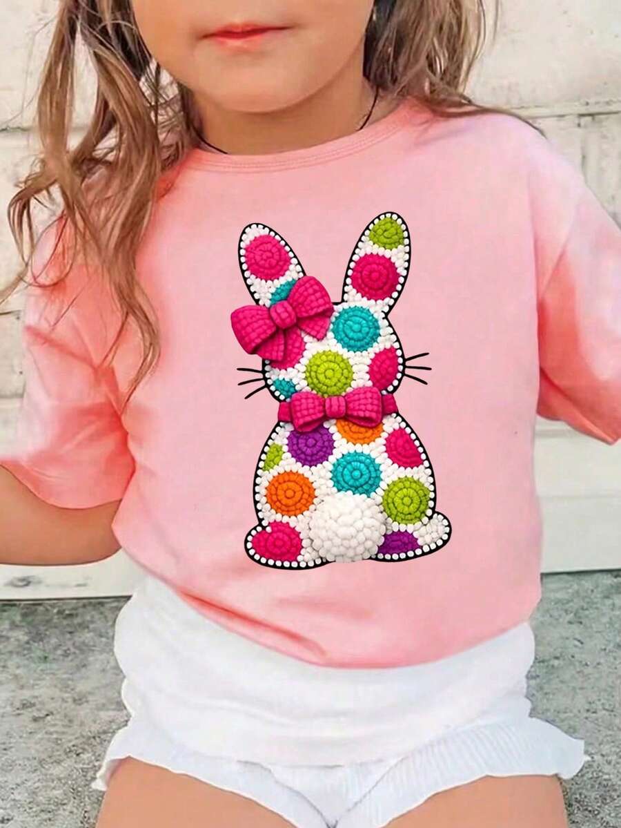 Camiseta de uso diario versátil y casual con cuello redondo y estampado de dibujos animados para niñas jóvenes - Rosa - Ver 1