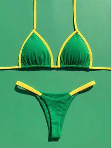 Swim Vcay Neck Tie Colorblock Thong Bikini Set, Cute Swimwear - Green - View 1