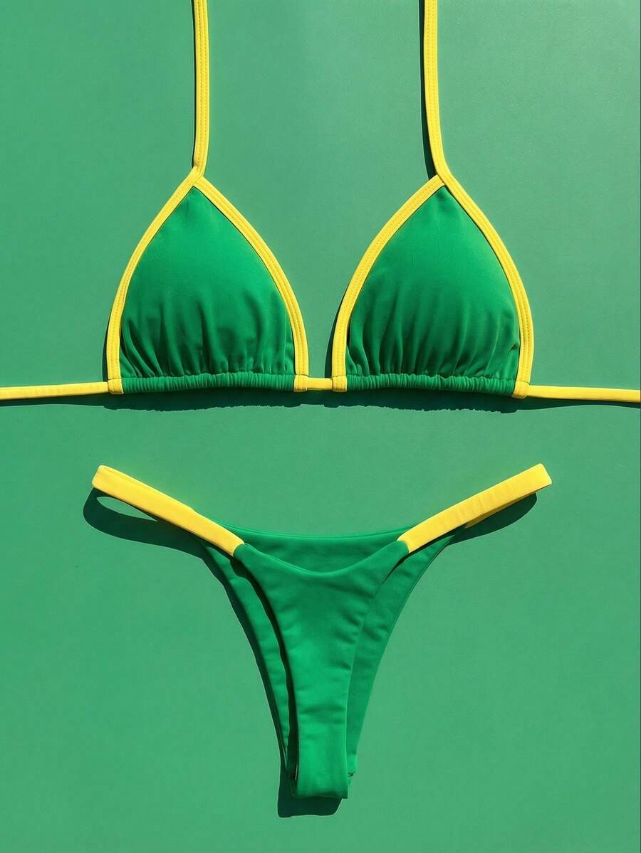 Swim Vcay Neck Tie Colorblock Thong Bikini Set, Cute Swimwear - Green - View 1