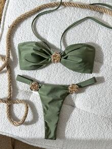 Swim Vcay Bộ bikini không dây màu trơn dành cho nữ, trang trí hoa văn bằng kim loại, thích hợp cho mùa xuân/hè. - xanh quân đội - Xem 1