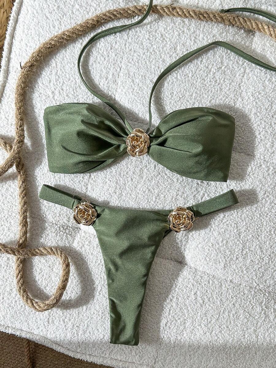 Swim Vcay Bộ bikini không dây màu trơn dành cho nữ, trang trí hoa văn bằng kim loại, thích hợp cho mùa xuân/hè. - xanh quân đội - Xem 1