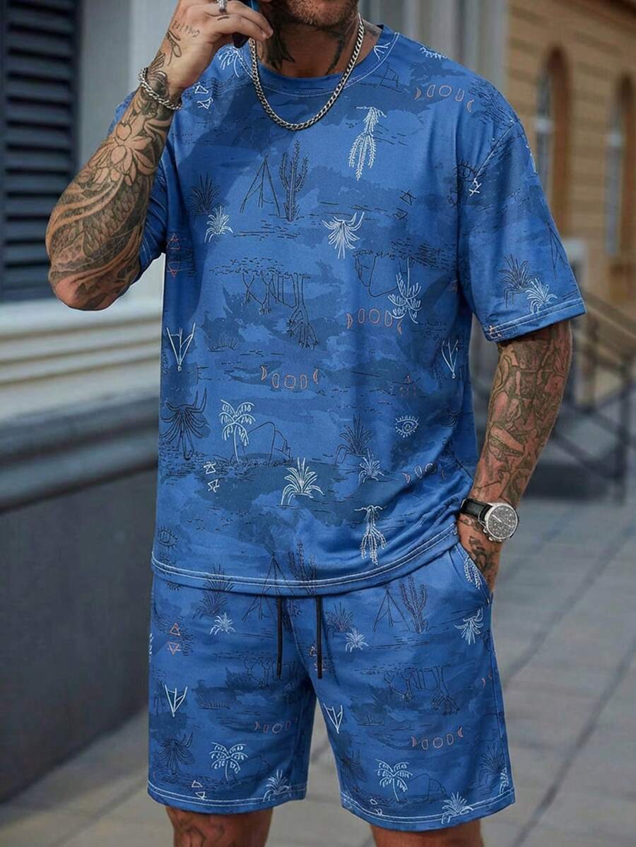 Manfinity Homme Men's Palm Tree Print Short Sleeve T-Shirt And Shorts Casual Suit - Blue - View 1