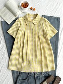 SHEIN 女士及少女法式休闲黄色格子褶裥短袖衬衫，清新百搭，春夏单件装 - 黃色 - 查看 1