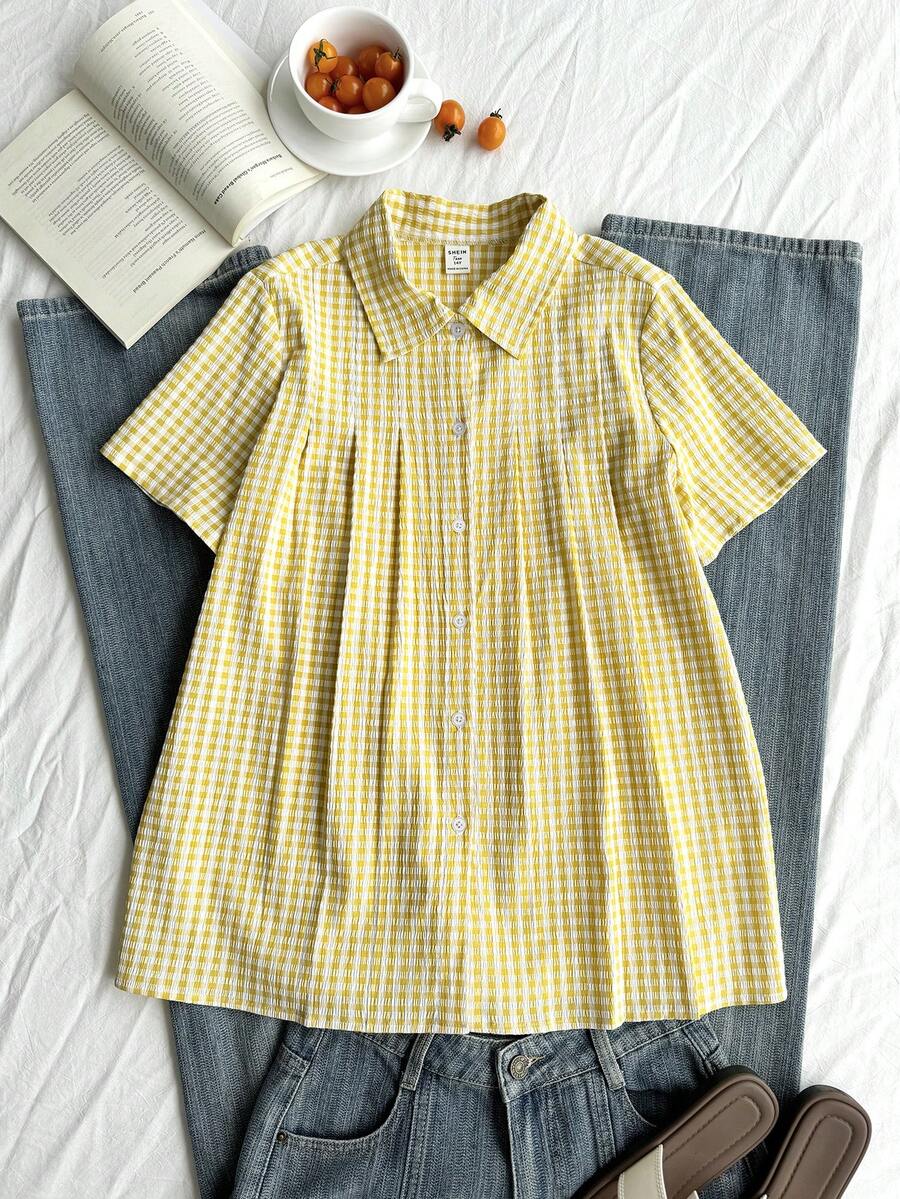SHEIN 女士及少女法式休闲黄色格子褶裥短袖衬衫，清新百搭，春夏单件装 - 黃色 - 查看 1