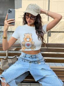 SHEIN X Care Bears Women's Round Neck Short Sleeve Casual Fitted T-Shirt, - White - View 4