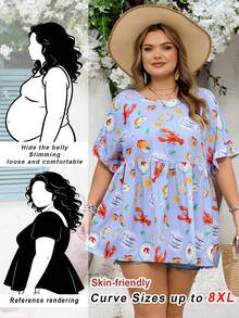 SHEIN CURVE+ 加大码 US22 音乐节、海滨度假、波西米亚风印花休闲度假衬衫 夏季/乡村/海滩度假/沙滩装、夏季上衣 - 藍色 - 查看 2