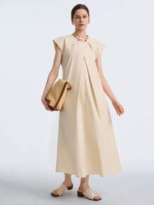 Aalyst 女士春夏新品，简约休闲时尚，通勤及派对日常百搭连衣裙，不对称褶皱设计，3D立体剪裁，米色A字连衣裙 - 杏色 - 查看 5