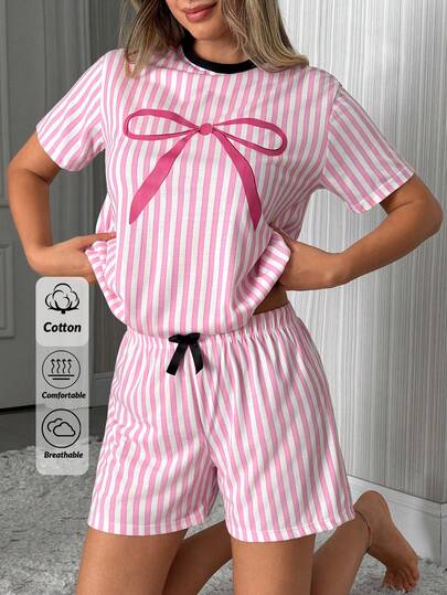 SHEIN Cotton 2Pcs Pink Contrast Binfing With Striped&BOW Printed Short Sleeved Shirt And Striped Shorts Bottom Homewear Comfort Casual Lounge Set