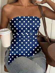 SHEIN EZwear 休闲简约蓝色波点印花女士夏季抹胸上衣，适合夏季、度假、海滩派对、泳池派对等场合。 - 彩色 - 查看 4
