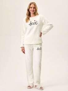 Loomlin 2Pcs Pelush Love Embroidery Detail PJ Set - White - View 3