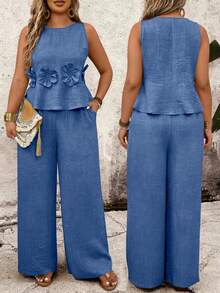 Linhara CURVE 大码圆领无袖露脐碎花上衣和宽松长裤两件套 - 藍色 - 查看 1