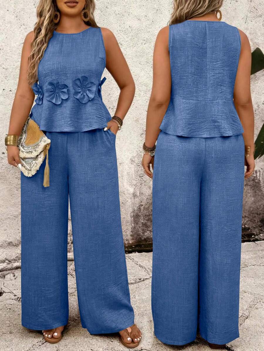 Linhara CURVE 大码圆领无袖露脐碎花上衣和宽松长裤两件套 - 藍色 - 查看 1